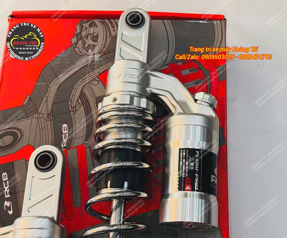 Phuộc RCB Flow Pro nổi bật với lò xo Chrome, bình dầu lớn và logo RCB tinh tế