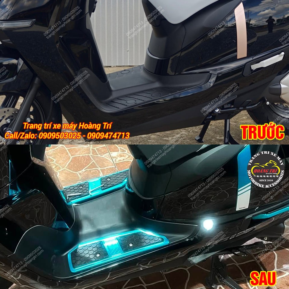 So sánh sàn để chân Honda UC3 trước và sau khi lắp thảm H2C màu xanh nổi bật