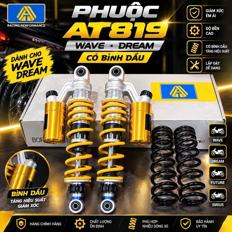 Phuộc AT có bình dầu kết hợp lò xo vàng bắt mắt, thiết kế khỏe khoắn, hỗ trợ giảm xóc