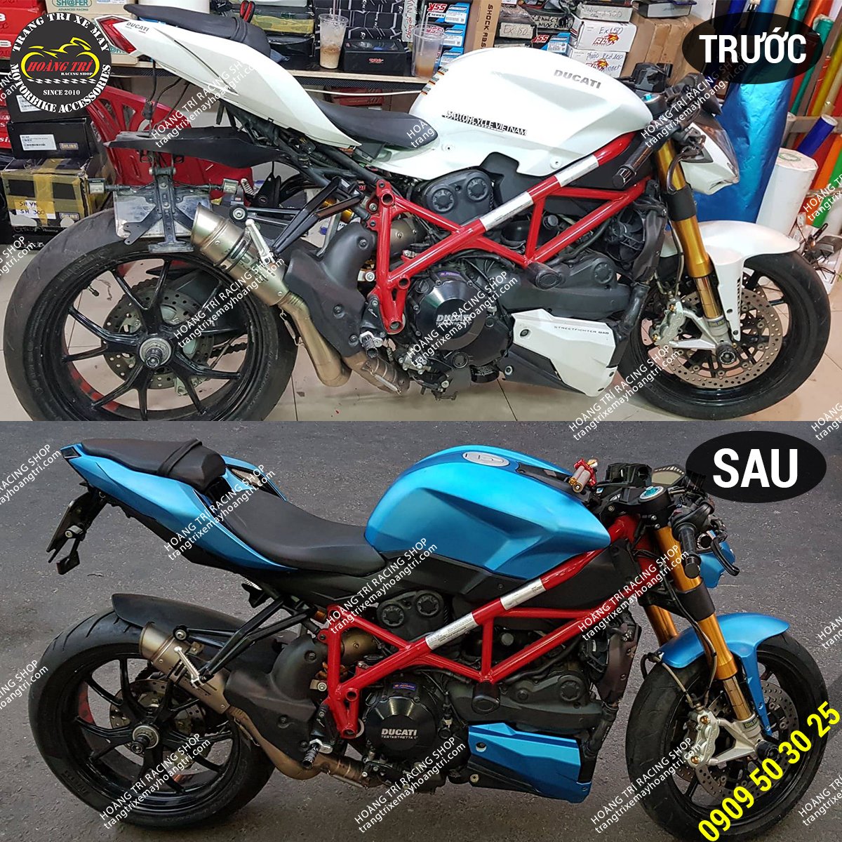 Hình ảnh trước và sau khi dán decal nhôm xước Ducati