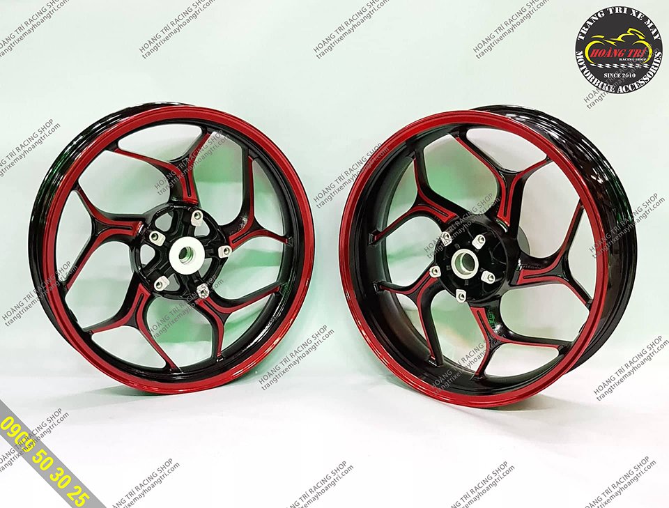Pair of red and black Asio wheels with the same design as kuni . wheels