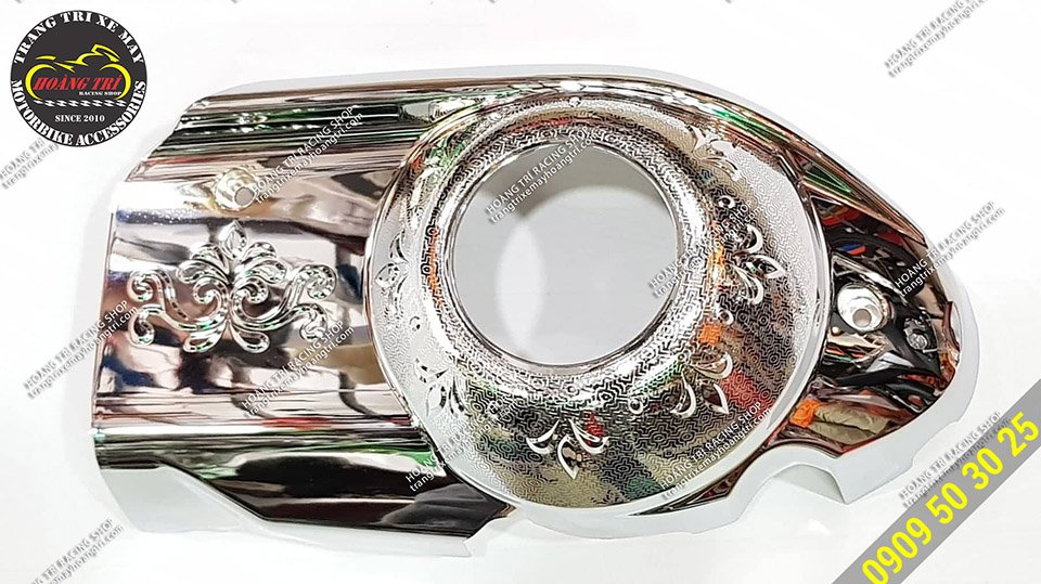 Close-up of Grande 2019 engine block cover with chrome