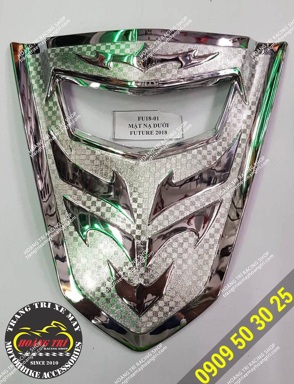 Close-up of product details Future 2018 chrome plated face mask