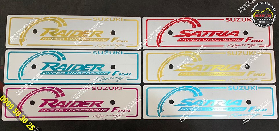 Close-up of Raider - Satria aluminum nameplate with many colors