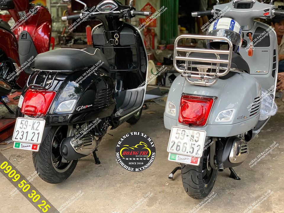 2 Vespa GTS match their shape after getting on the rear baga with stainless steel