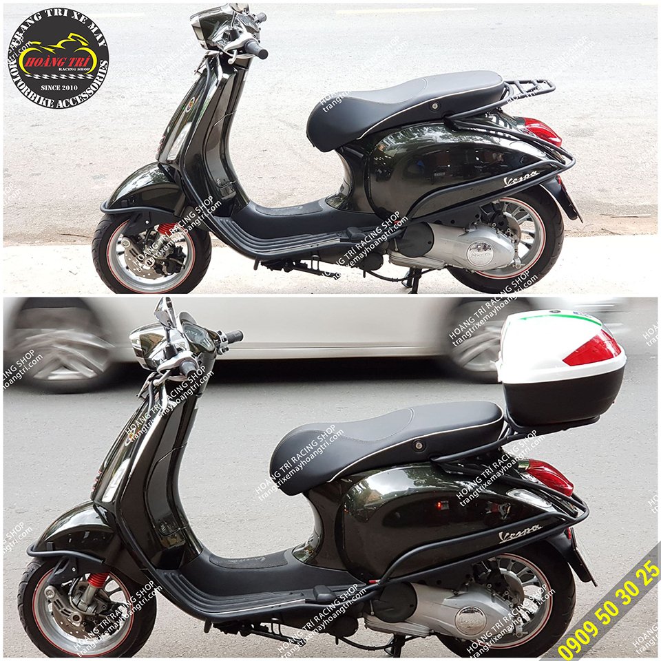 Hình ảnh trước và sau khi vespa Sprint độ thêm thùng givi  sau khi đã lên baga sau vespa 2 chức năng